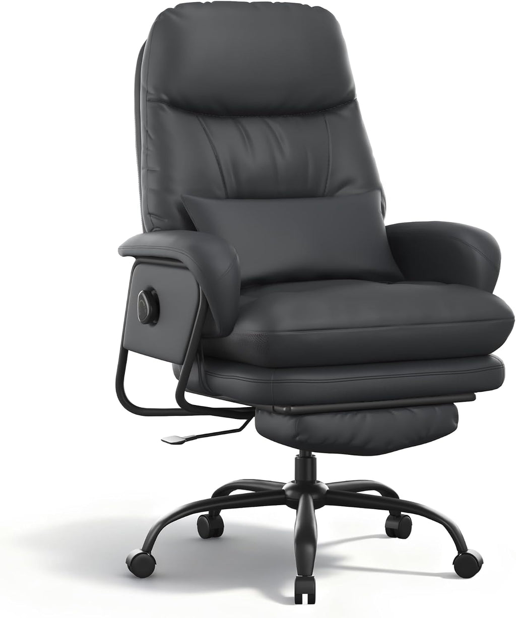FLEXISPOT Ergonomic Office Chair with Footrest 90-165° Reclining High Back Desk Chairs Indoor Lounge Chair with Wheels Lumbar Support Pillow, Chairs for Working Relaxing Cross Legged, Leather, Black