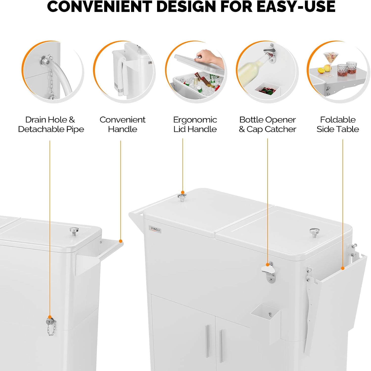 VINGLI Patio Cooler, Ice Chest with Storage Cabinet, Bottle Opener Drainage, Outdoor Cooler for Party, Deck, Pool
