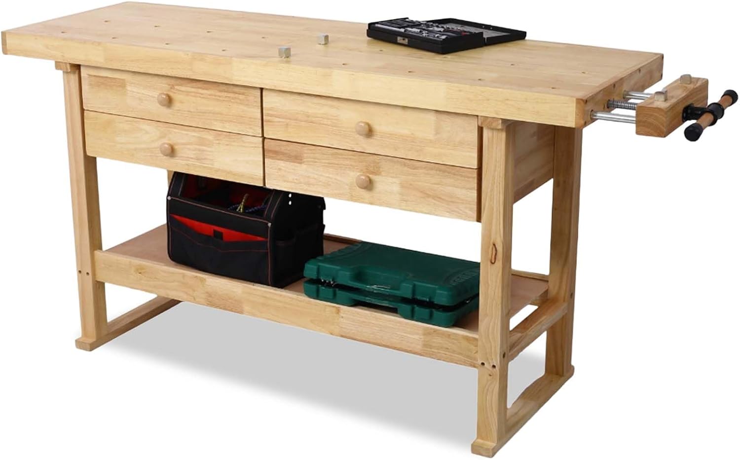 60' Rubber Wood Workbench, Heavy Duty Work Bench with Drawer & Shelf, Work Bench Table for Garage, Workshop, Home Storage, Woodworking Bench, 330 lbs Weight Capacity (60')
