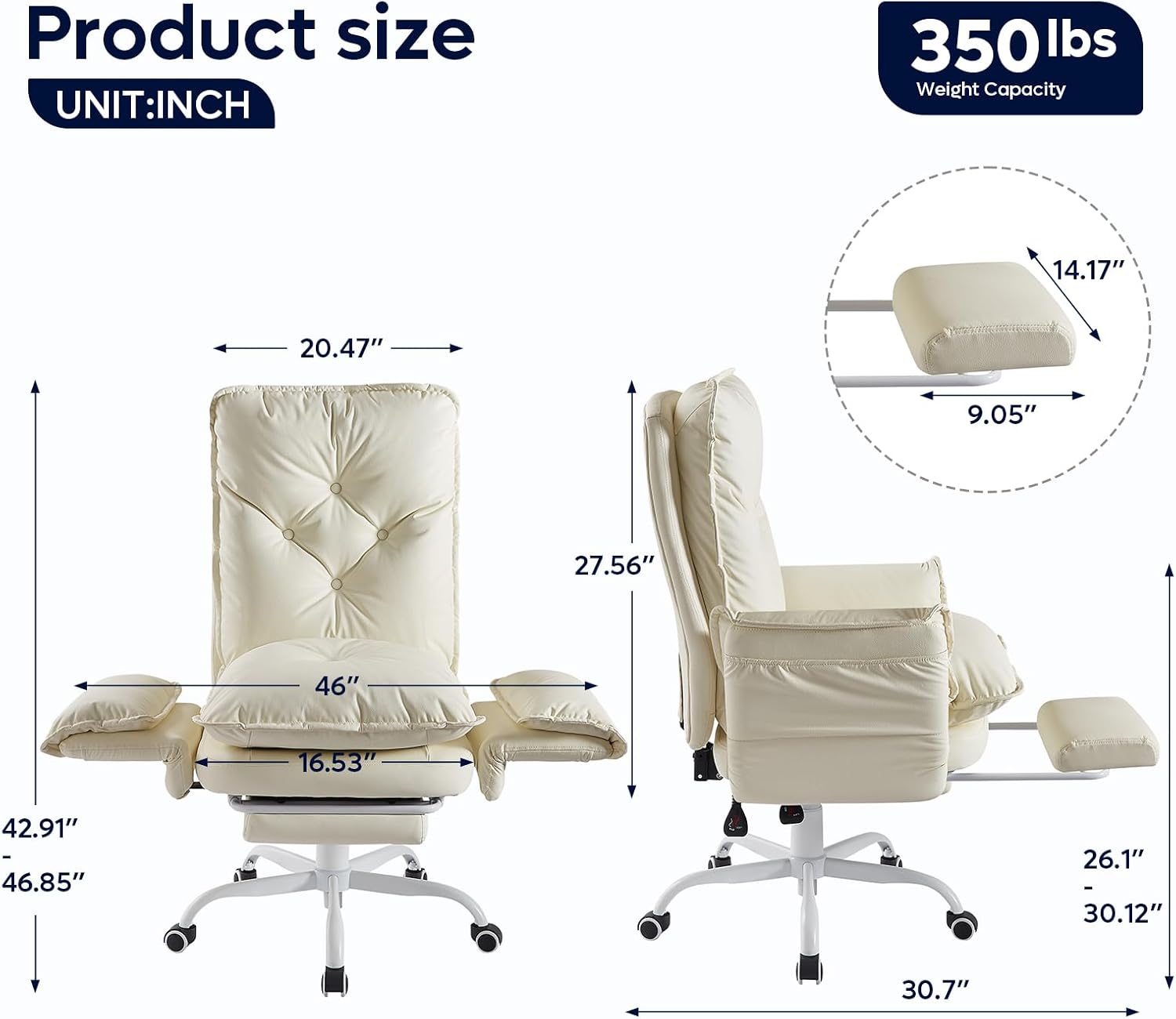 Bestier Cross Legged Office Chair with Footrest, High Back Criss Cross Chair with Reversible Armrests and Wheels, Big and Tall Reclining Office Chair for Home PU Leather Beige