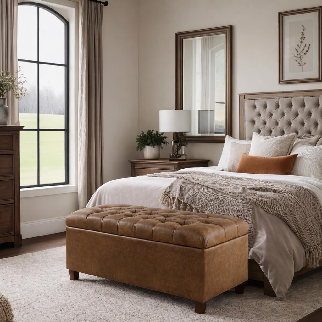 Homepop Home Decor | Button Tufted Storage Bench | Ottoman Bench with Storage for Living Room & Bedroom, Distressed Brown Faux Leather