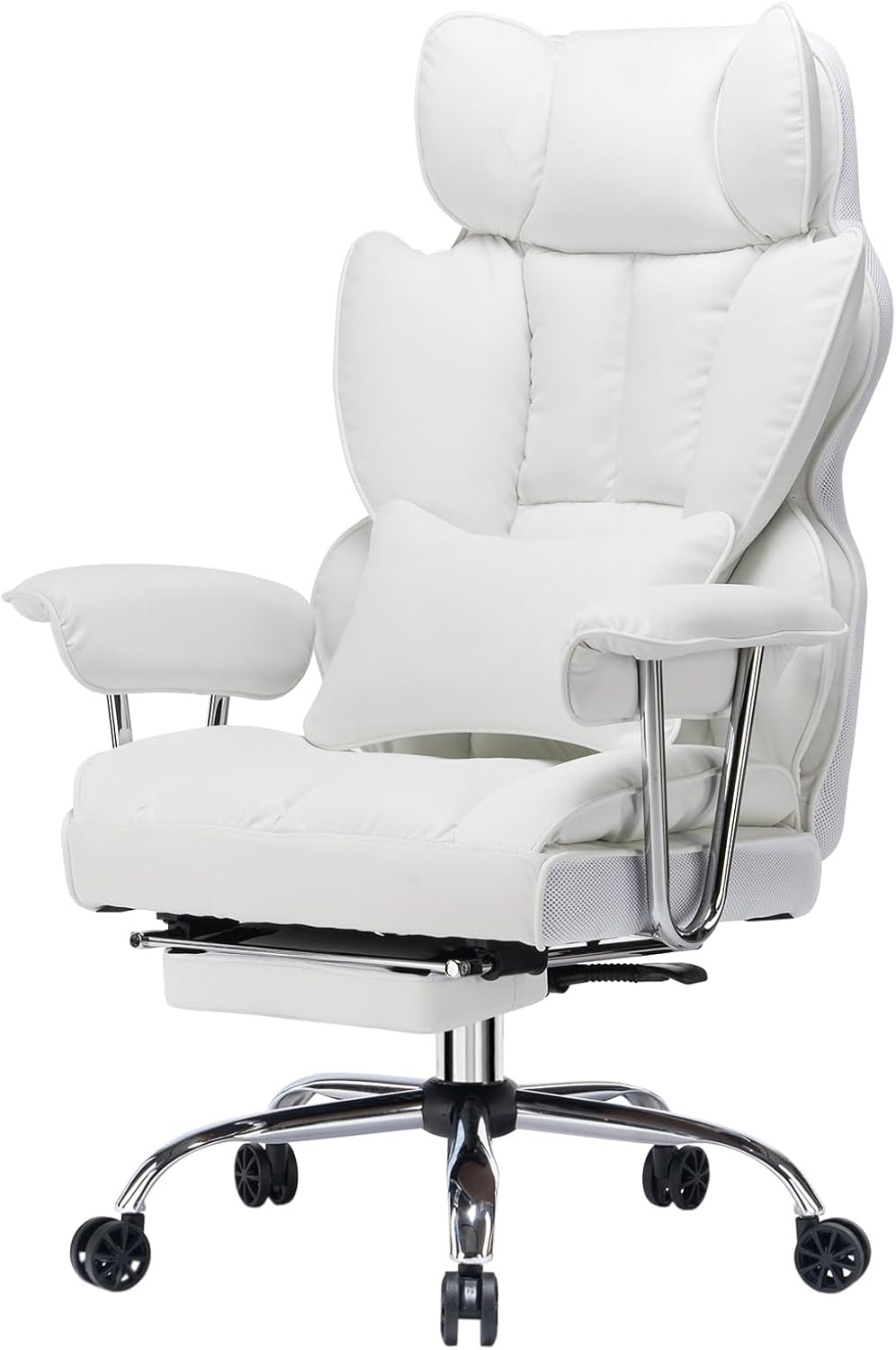 Efomao Big and Tall Office Chair 400lbs – High Back Executive Chair with Swivel Base, PU Leather Upholstery, Lumbar Pillow, Padded Armrests, and Rolling Wheels，White Computer Chair