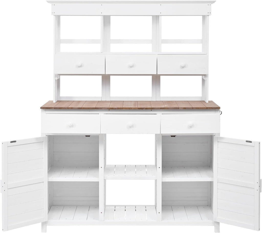 LUMISOL Outdoor Potting Bench Table with Hutch, Solid Fir Wood Patio Storage Workstation with 3 Shelves, 6 Drawers, 2 Bottom Cabinet and Side Hooks for Mudroom, Doorway, White