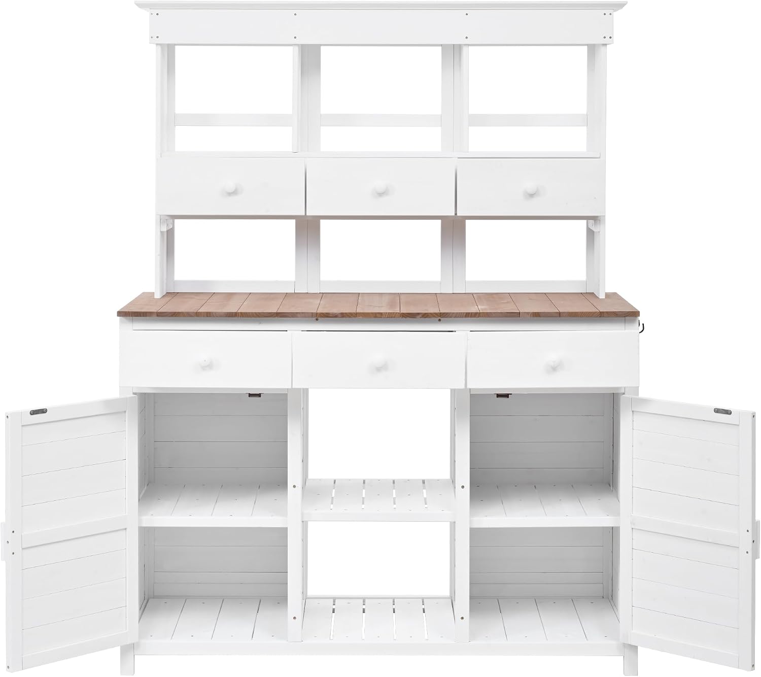 LUMISOL Outdoor Potting Bench Table with Hutch, Solid Fir Wood Patio Storage Workstation with 3 Shelves, 6 Drawers, 2 Bottom Cabinet and Side Hooks for Mudroom, Doorway, White
