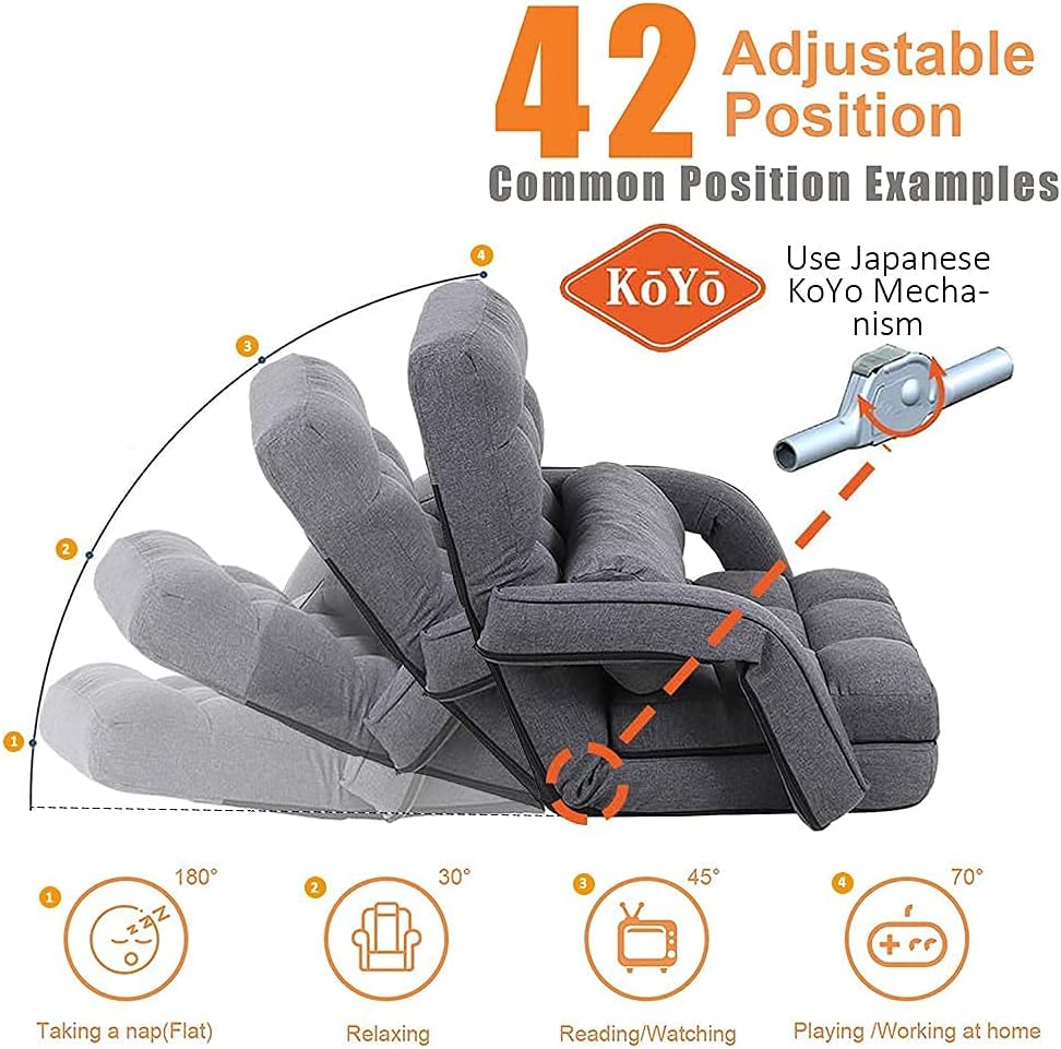 Indoor Floor Gaming Chairs for Adults with Back Support,Chaise Lounge, 14-Position Folding Lazy Sofa with Pillow for Living Room, Bedroom, Balcony(Grey) 8803GR