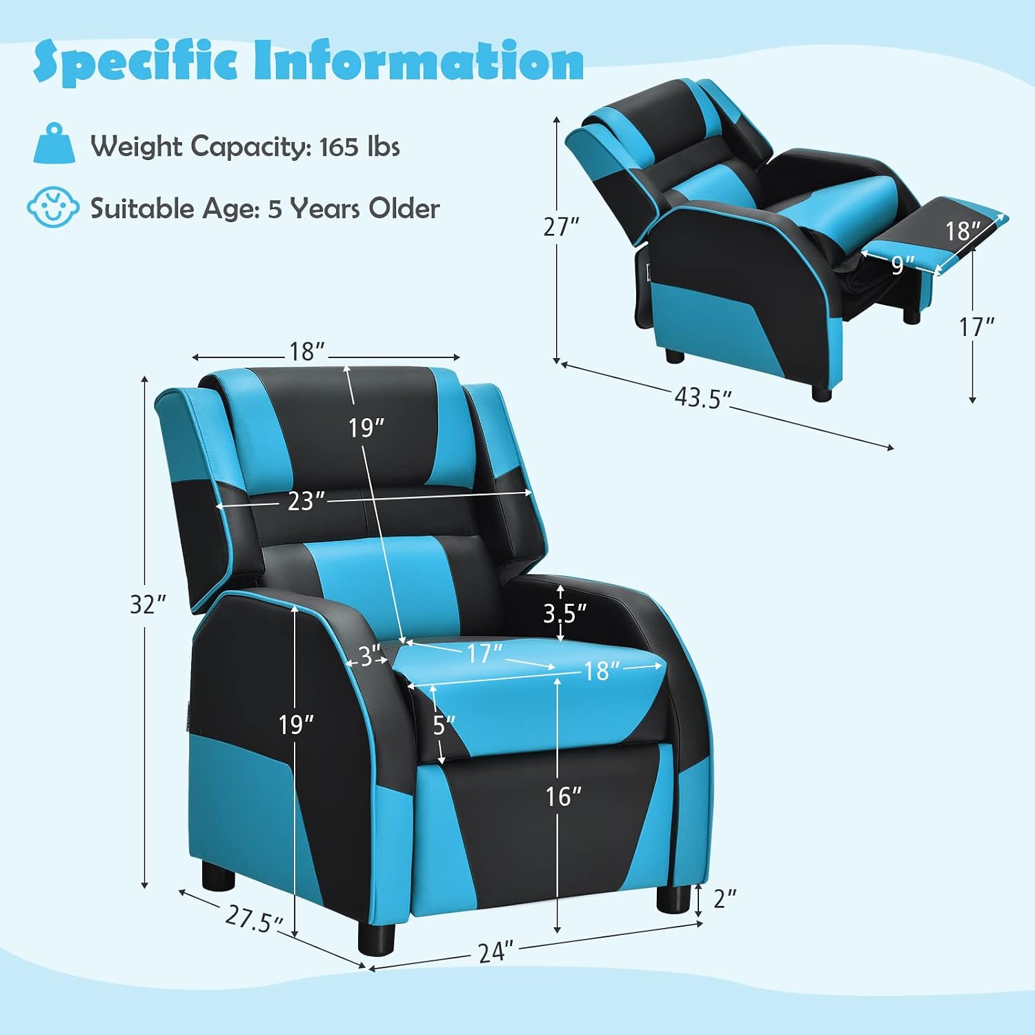 COSTWAY Kids Recliner Sofa, Toddler Leather Recliner with Adjustable Footrest & Headrest, Gaming Reclining Chair for Boys Girls Aged 3 Years Up, Kid-Sized Lounge Chair for Living Room (Blue)