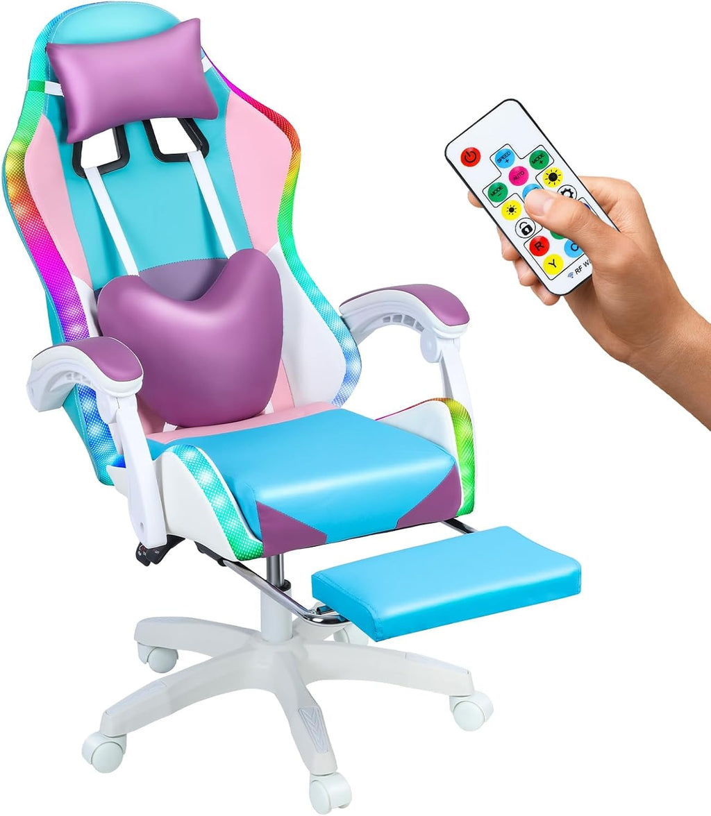 Video Game Chairs with LED Lights, Girl Video Chair, Adult Ergonomic Computer Chair Footrest, Reclining High Back Video Game Chair with with Massage and Footrest Purple