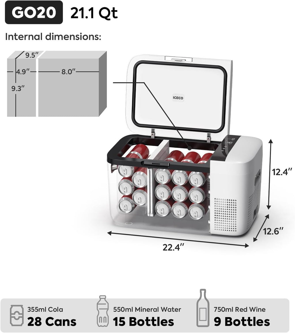 ICECO GO20 21 Quart/20 Liter Dual Zone 12 Volt Refrigerator, Portable Refrigerator with Secop Compressor, Electric Cooler, DC & AC, 0℉ - 50℉, Compressor Cooler for Outdoor, White