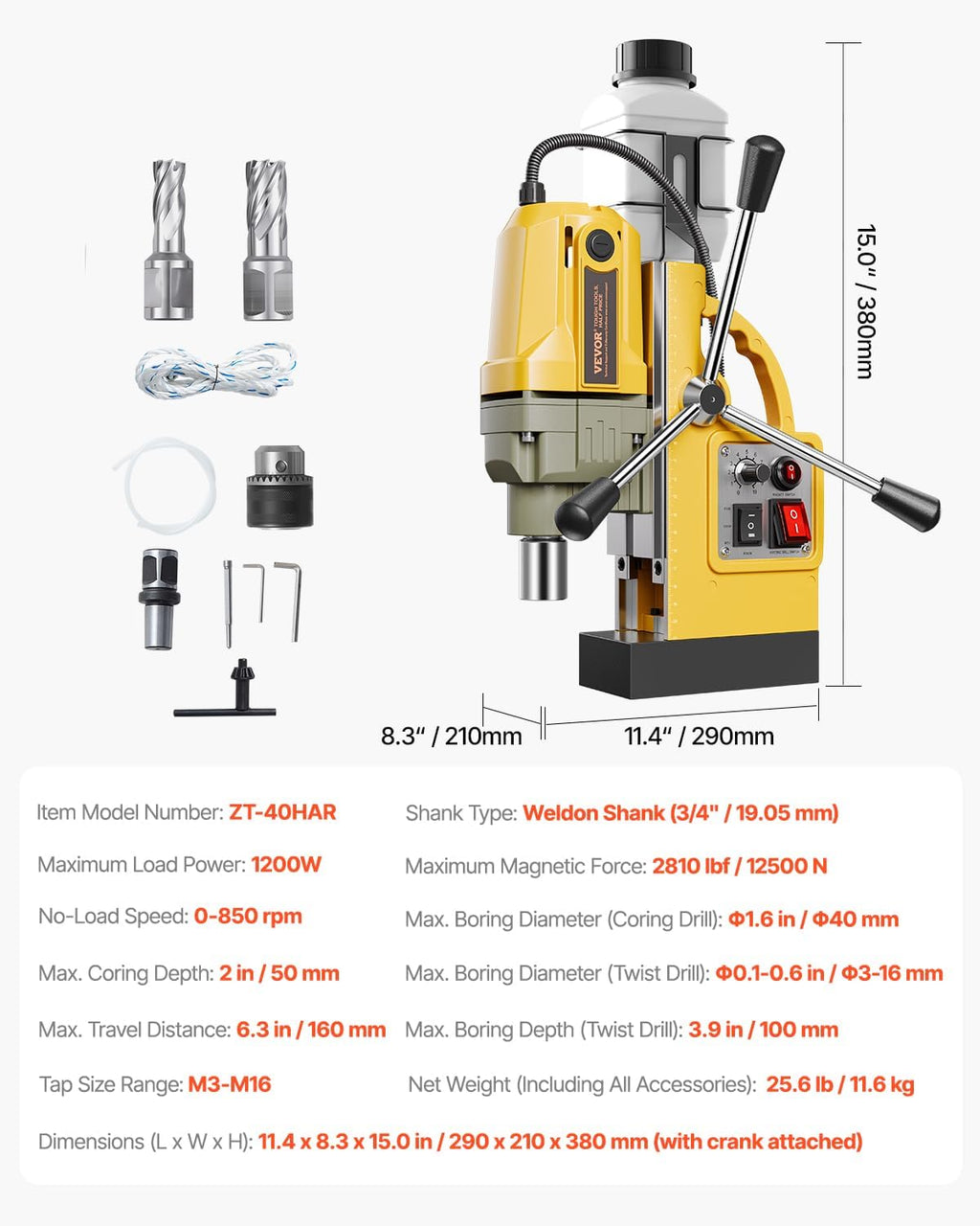 VEVOR Magnetic Drill, 1200W Motor 1.6 in Boring Diameter, 2810 lbf Electric Mag Drill Press, with 2 Coring Bits, Variable Speed, Drilling Machine for Metal Surface, Home Improvement Industry, Yellow