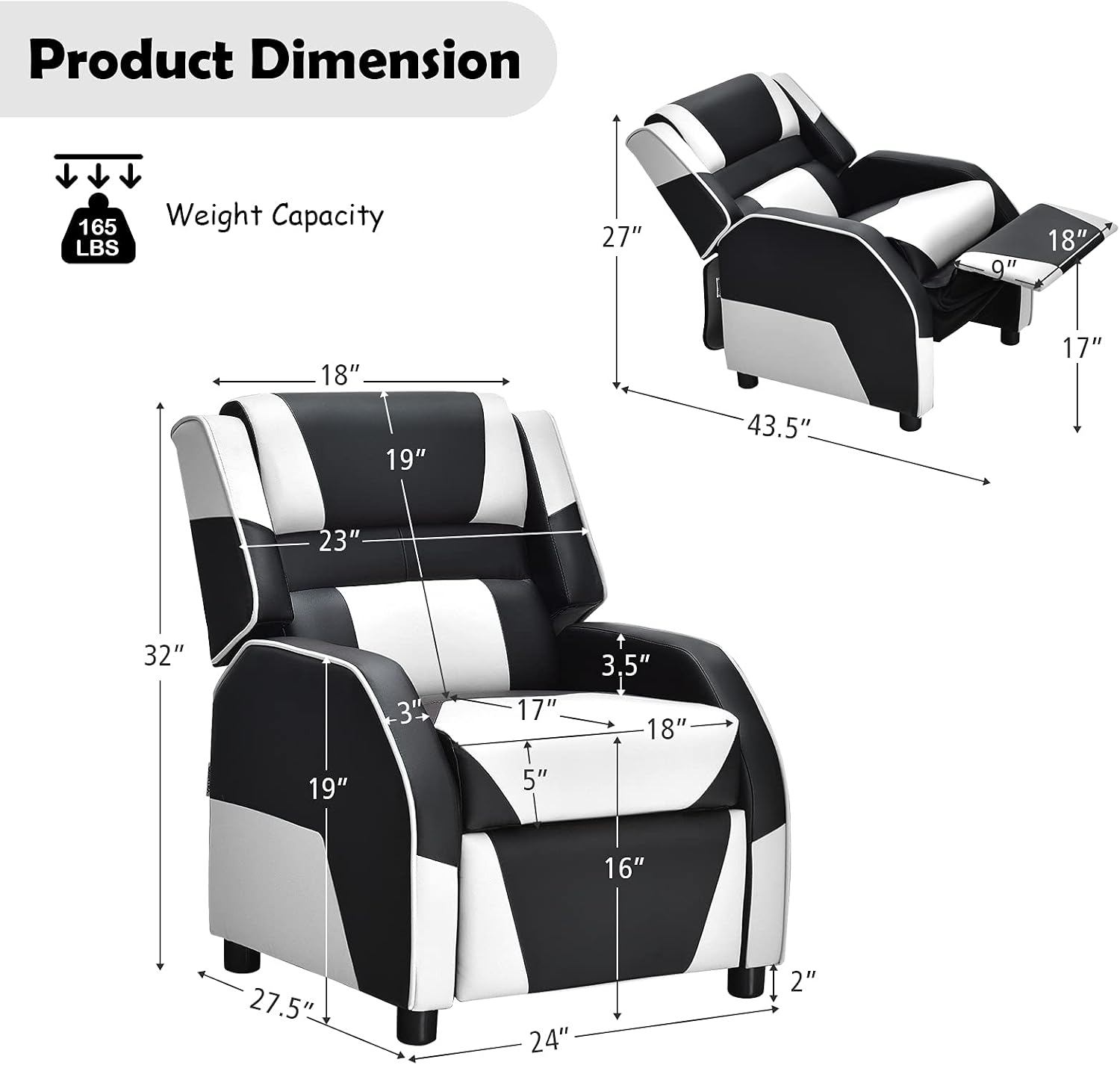ARLIME Kids Recliner, PU Leather Kid Lounge Chair w/Footrest, Armrest, Headrest & Lumbar Support, Adjustable Gaming Toddler Sofa Armchair for Boys Girls (White)