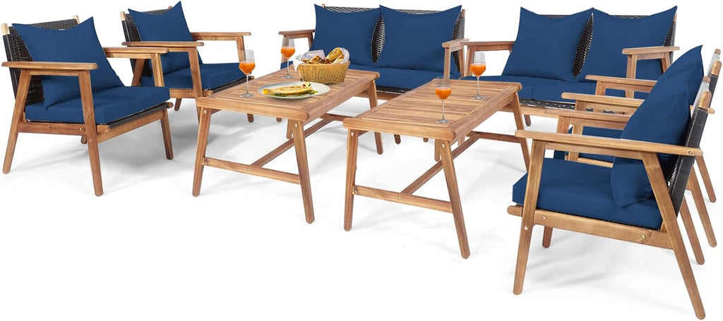 Tangkula 8-Piece Patio Furniture Set, Outdoor Acacia Wood Conversation Set with Cushions and Coffee Table, Outdoor PE Wicker Sectional Sofa Set for Garden, Poolside and Backyard (2, Navy)