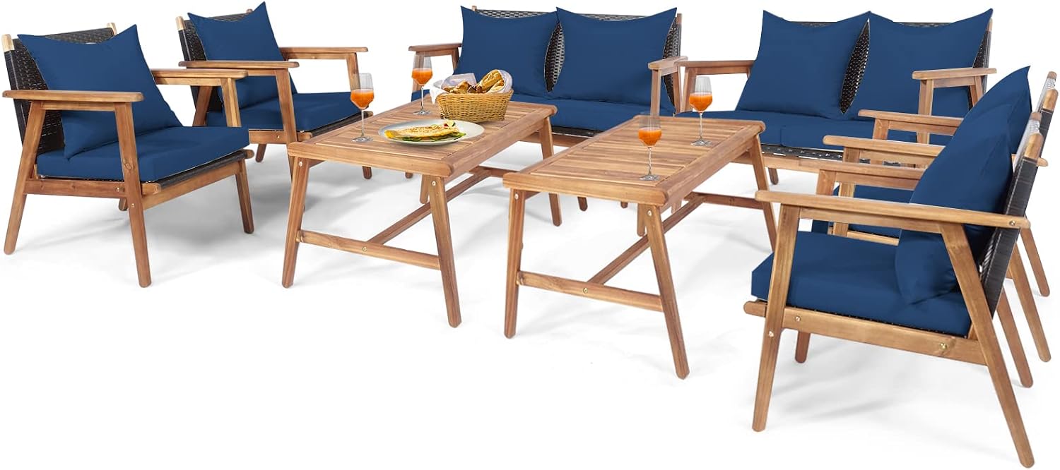 Tangkula 8-Piece Patio Furniture Set, Outdoor Acacia Wood Conversation Set with Cushions and Coffee Table, Outdoor PE Wicker Sectional Sofa Set for Garden, Poolside and Backyard (2, Navy)