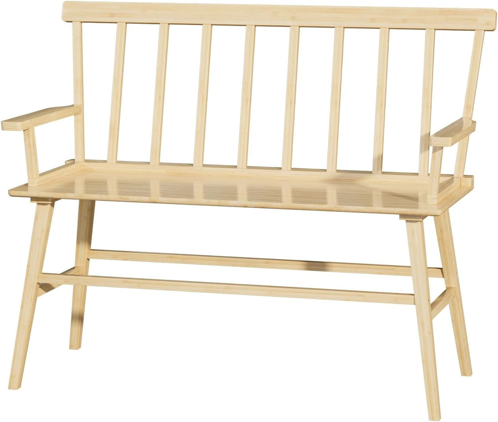 Dining Bench for Kitchen & Dining Room – Bamboo Wood Bench with Spindle Back & Armrests, Farmhouse Entryway Bench, Indoor Bedroom Bench, Versatile Entry Bench & Outdoor Bench Seating（Natural with Arm）