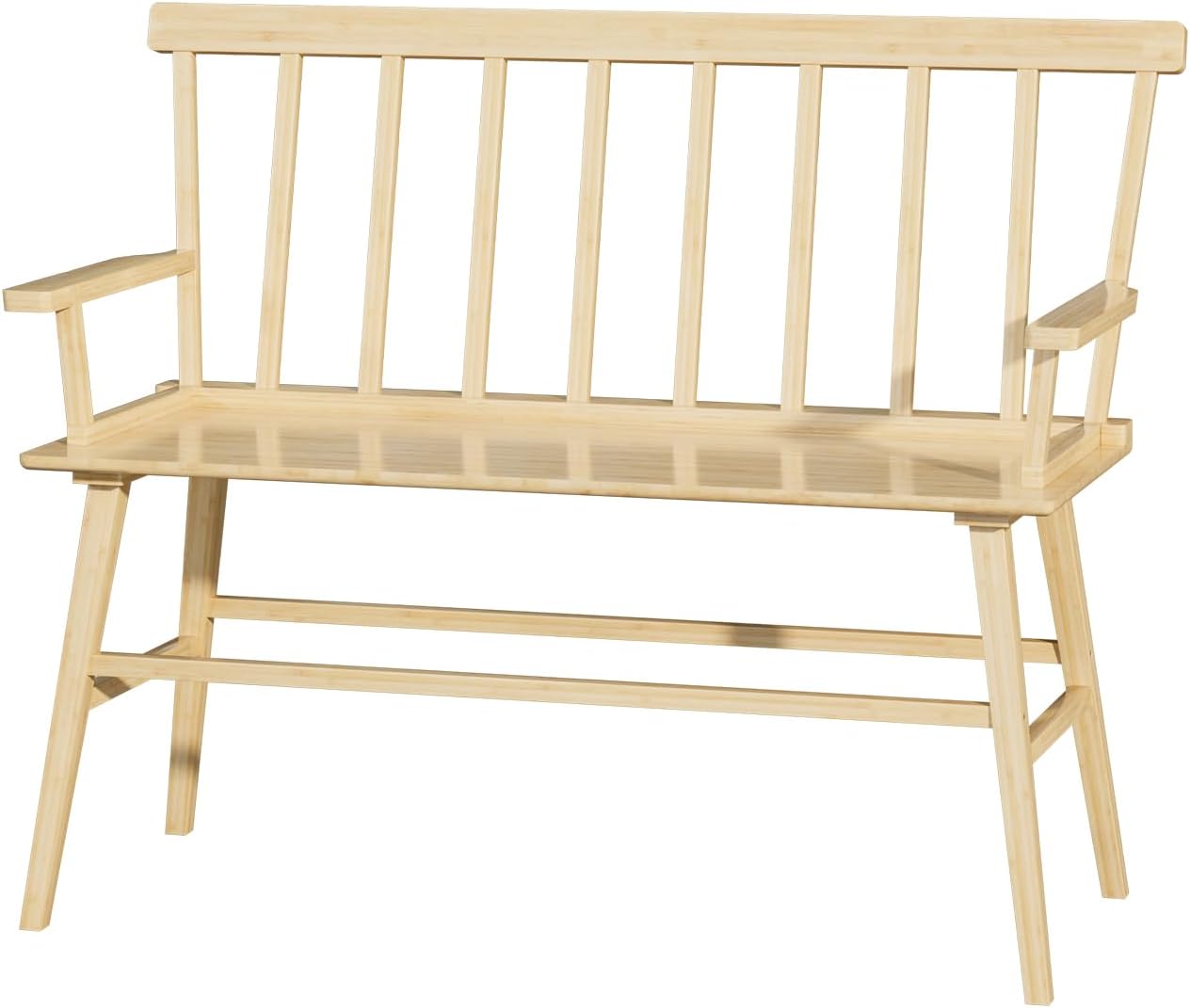 Dining Bench for Kitchen & Dining Room – Bamboo Wood Bench with Spindle Back & Armrests, Farmhouse Entryway Bench, Indoor Bedroom Bench, Versatile Entry Bench & Outdoor Bench Seating（Natural with Arm）