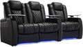 Weilianda Home Theater Seating Top Grain Leather Zero Gravity Recliner Chair Power Headrest Recline Movie Seat Gaming 7 Colors Mood Light Sofa with Tray Table USB Charge Row of 3 Loveseat Left Black