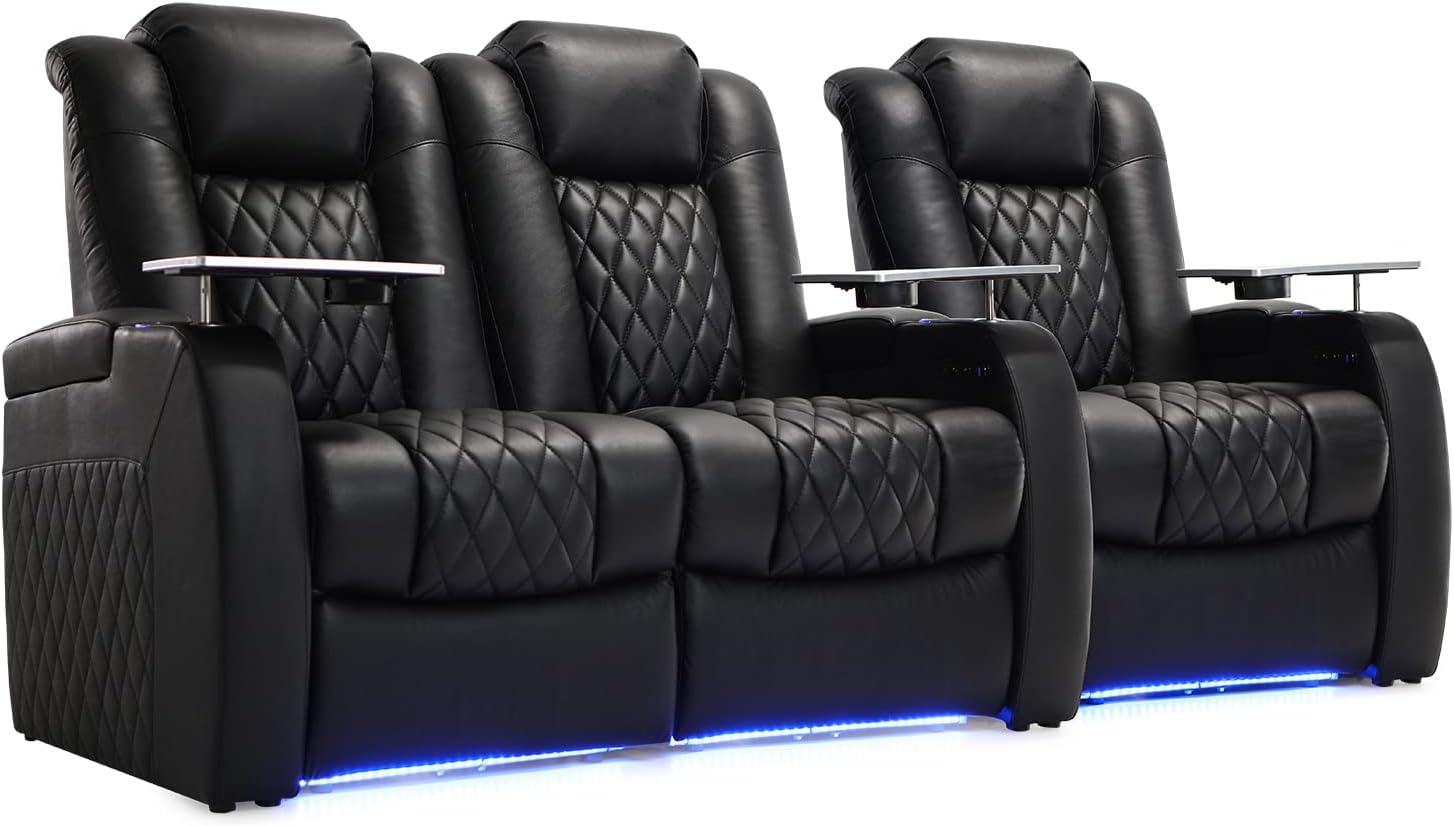 Weilianda Home Theater Seating Top Grain Leather Zero Gravity Recliner Chair Power Headrest Recline Movie Seat Gaming 7 Colors Mood Light Sofa with Tray Table USB Charge Row of 3 Loveseat Left Black