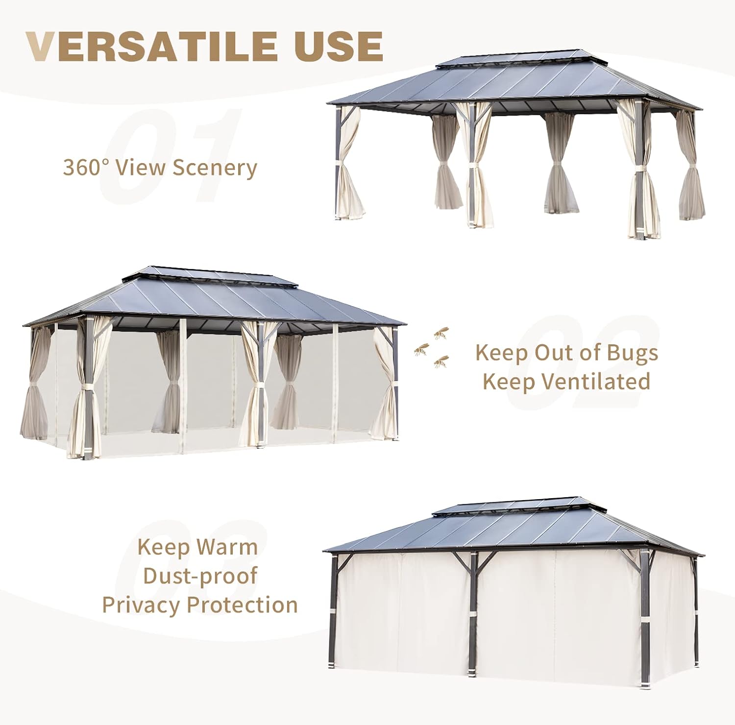 MELLCOM 12x20FT Hardtop Gazebo, Permanent Outdoor Aluminum Patio Gazebo with Aluminum Composite Double Roof for Patio Lawn and Garden, Curtains and Netting Included