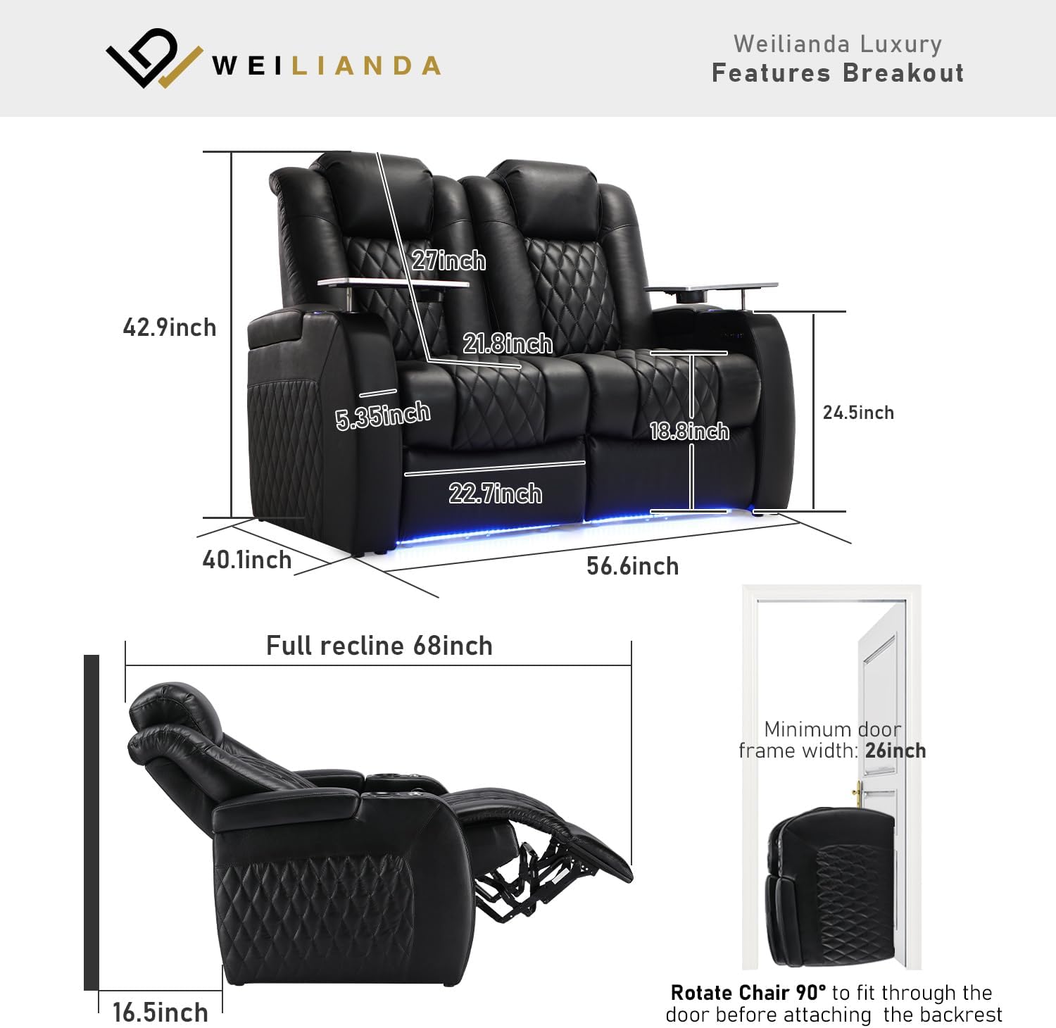 Weilianda Home Theater Seating Top Grain Leather Zero Gravity Recliner Chair Power Headrest Recline Movie Seat Gaming 7 Colors Mood Light Sofa with Tray Table USB Charge Row of 2 Loveseat Black