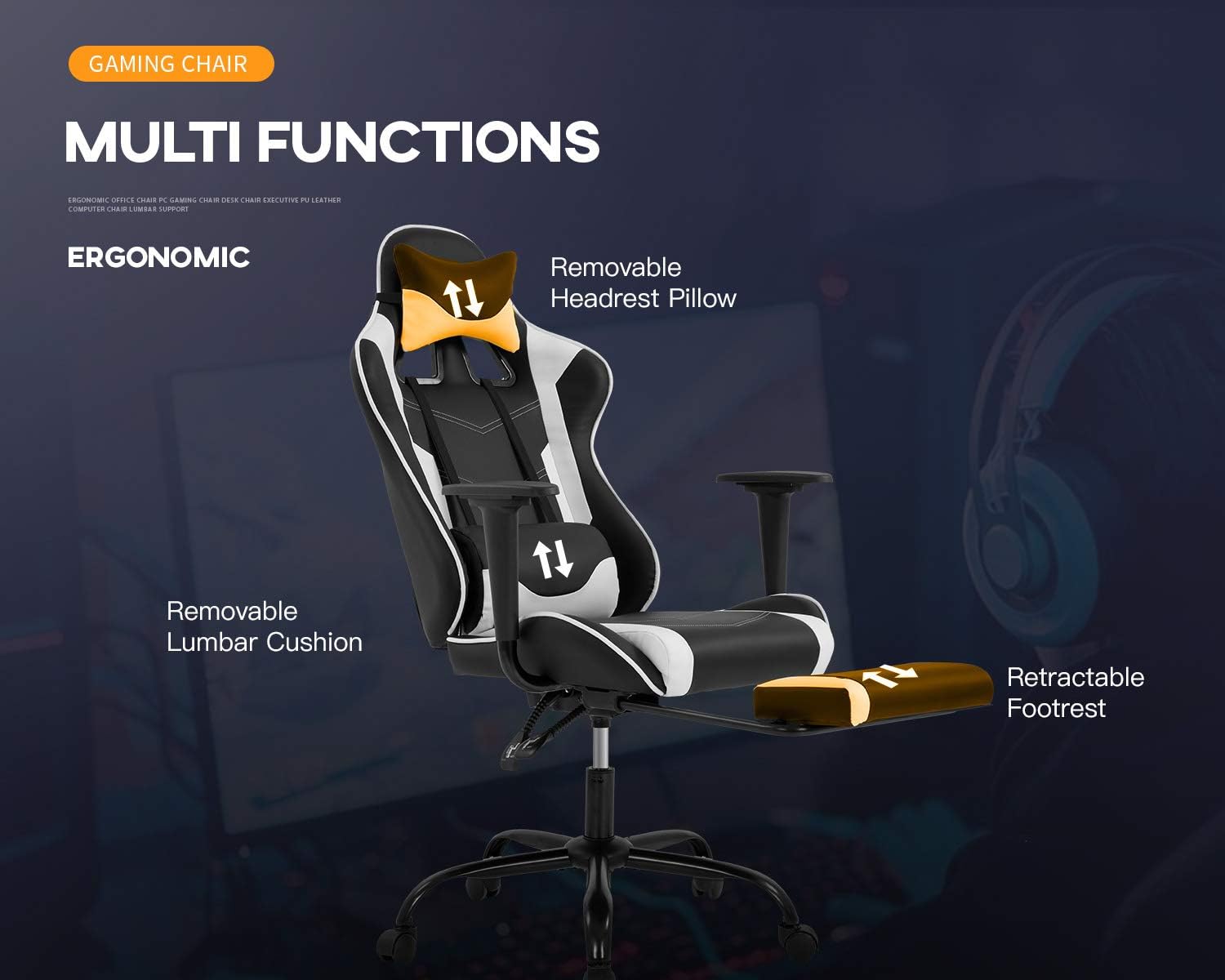BestOffice Ergonomic PC Racing Gaming Chair Cheap Office Desk Chair PU Leather Computer Chair Lumbar Support with Footrest Modern Task Rolling Swivel Chair for Women, Men(White)