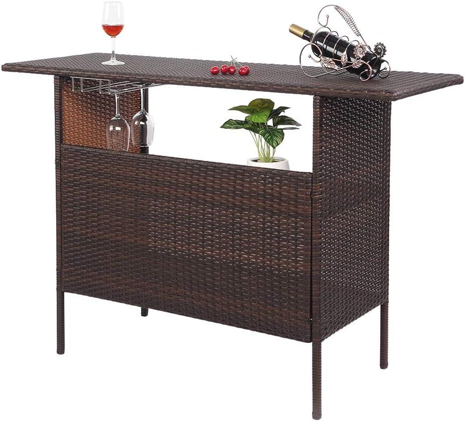 VINGLI Outdoor Storage Cabinet with Wheels, Waterproof Woven Rattan with Double Magnetic Doors, Mobile Multi-Purpose Cabinet for Storage, Buffet Server, Bar Table, Potting Bench (Classic)