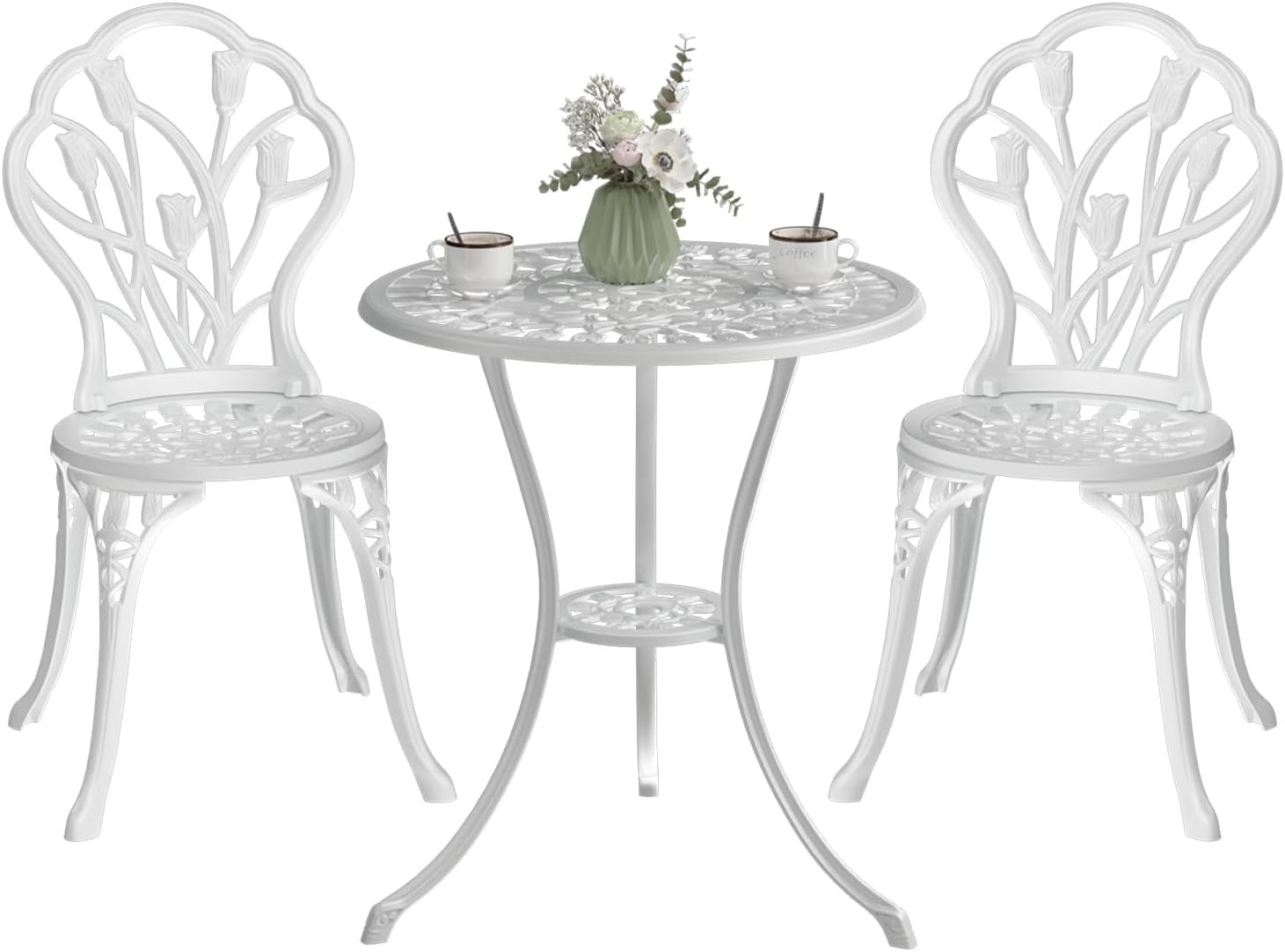 Outdoor Bistro Table and Chairs Set of 2, 3 Piece Patio Bistro Set w/Umbrella Hole, Rust-Resistant Cast Aluminum Bistro Set for Garden/Balcony/Backyard, White