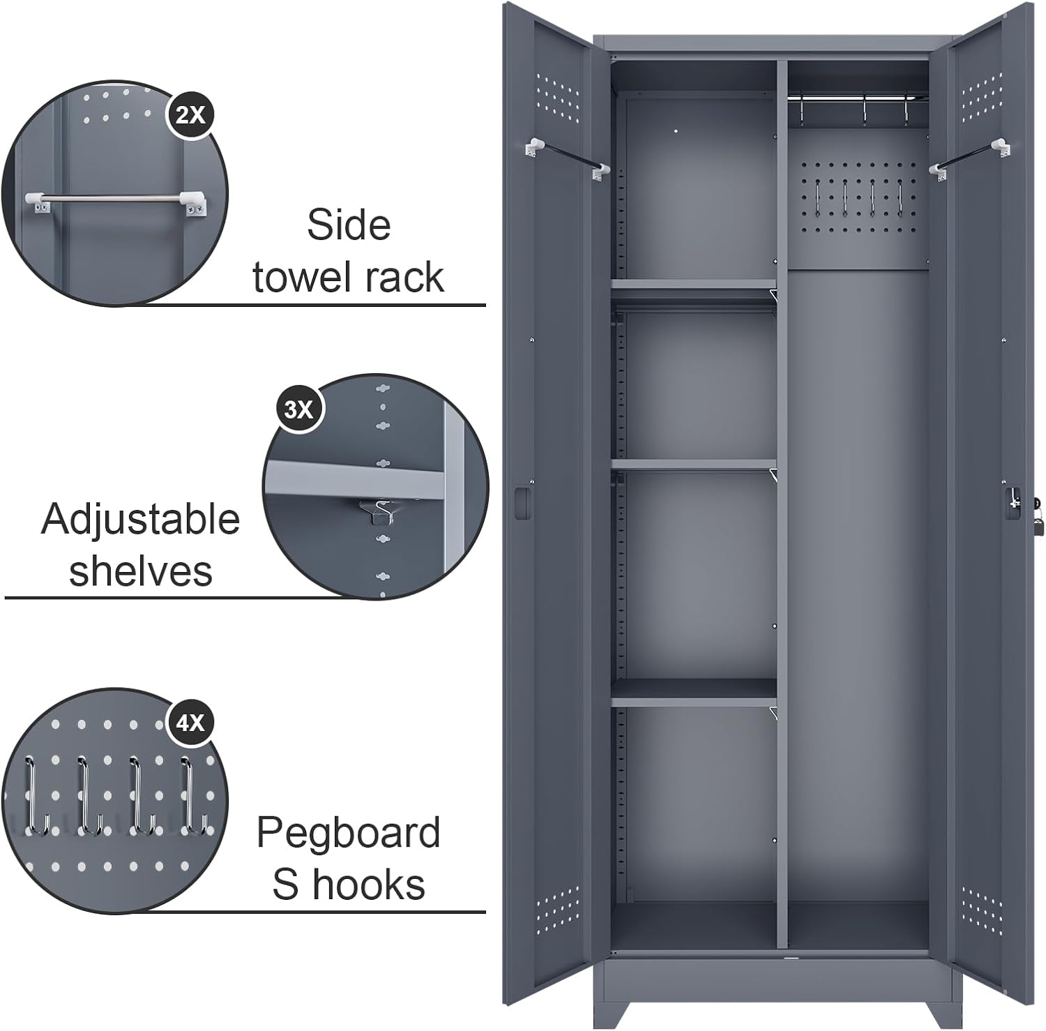 Broom Closet Storage Cabinet, Steel Locking Cabinet with Hanging Rod, 65' Cleaning Storage with Doors and Hooks, Tall Broom Tool Cabinets for Office, Garage