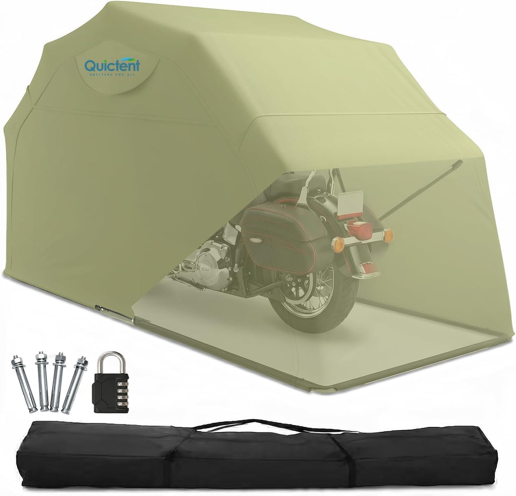 Quictent 136'x 54' Motorcycle Garage Storage Pod Shelter Hard Shell with Code Lock & Carry Bag Heavy Duty Motorcycle Tent with 2 Roll-Up Side Windows - Army Green