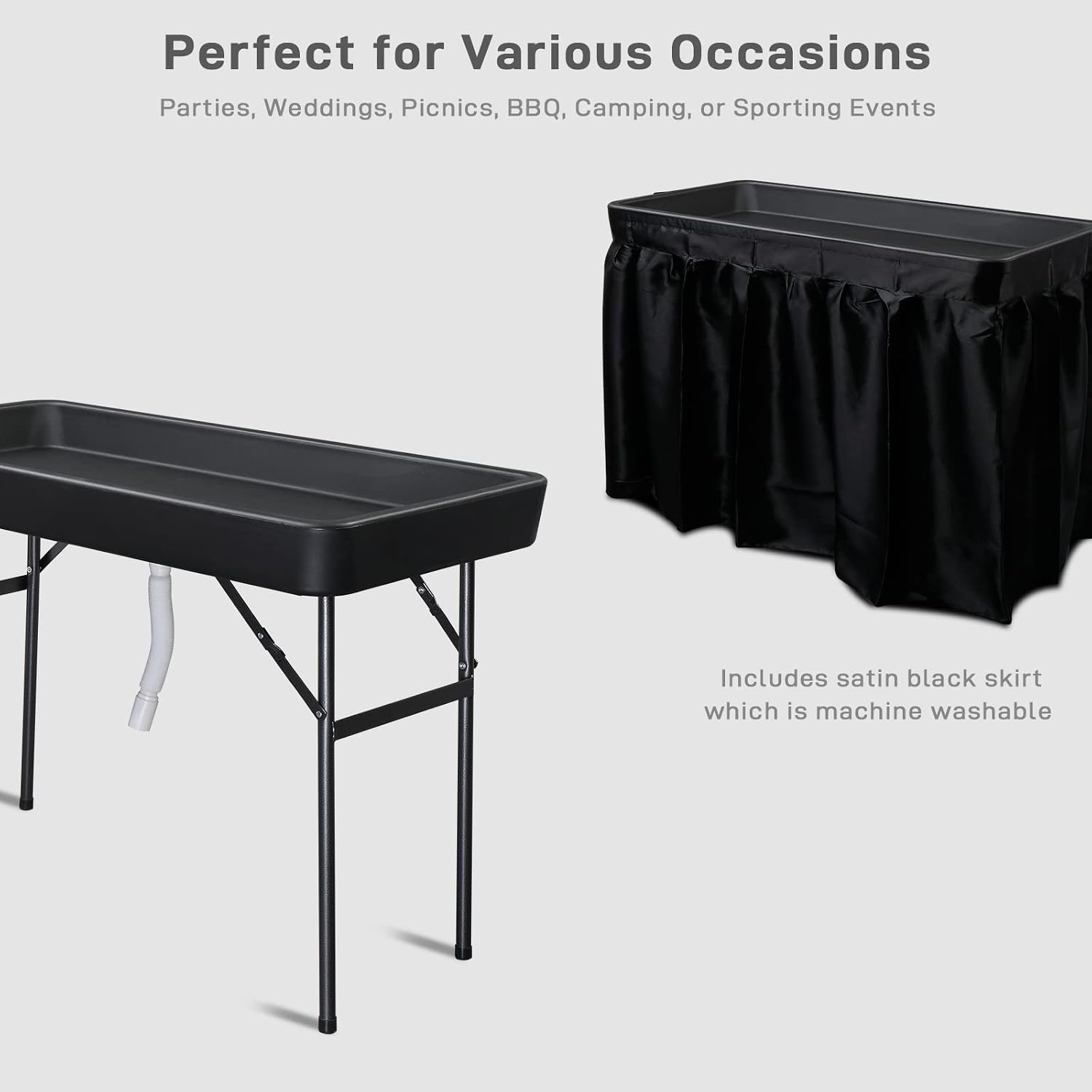 VINGLI 4 Foot Folding Party Ice Cooler, Portable Tailgate Camp Fishing Cleaning Table, Plastic with Matching Skirt, Ice Table for Party, BBQ, Camping, Picnic (Black)