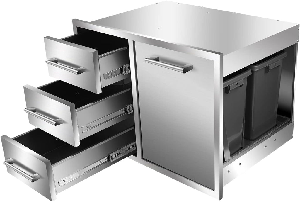 Outdoor Kitchen Drawer Combo, BBQ Access Trash Drawer Combo with Triple Stainless Steel Drawers(Left), Outdoor Kitchen for BBQ Island, Grilling Station, Outside Cabinet (28' W x 19.6'D x 20.1' H)