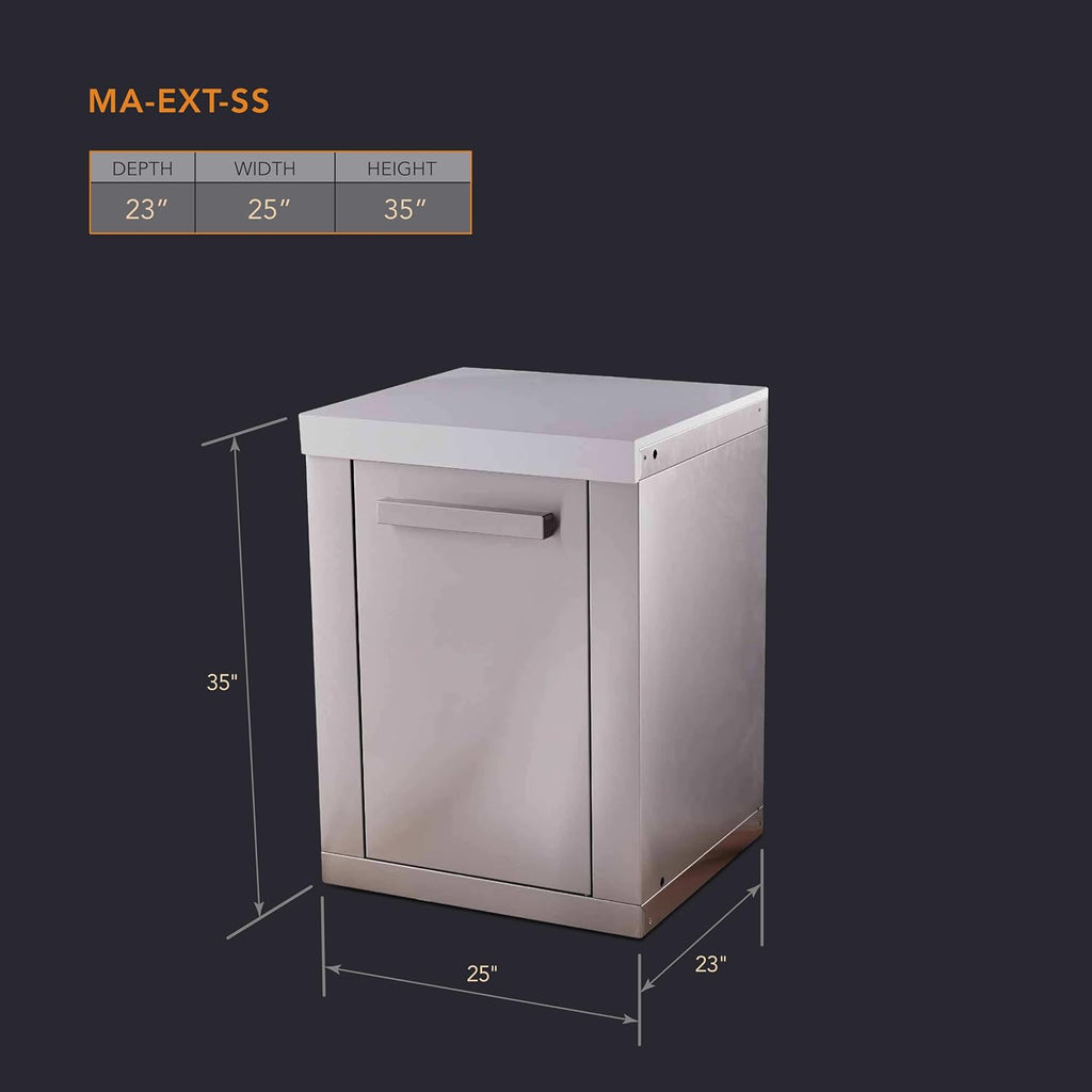 Mont Alpi Premium 25' W Stainless Steel Extra Storage Cabinet Module with Magnetic Door for 805 or 400 Original and Deluxe Series Outdoor Kitchen Island Grills + White Granite Countertops + 2 Shelves