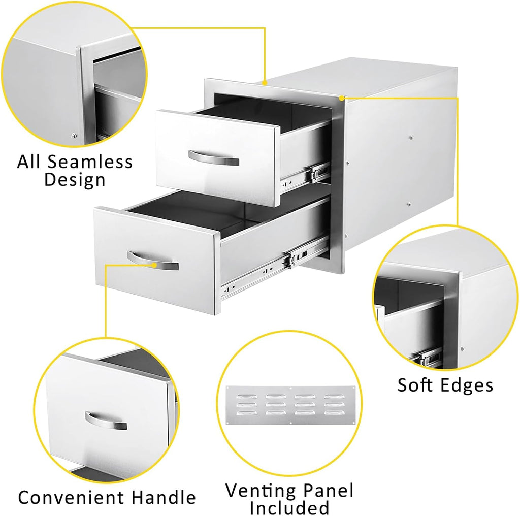 14W x 23D x 15H Inch Outdoor Kitchen Drawers Stainless Steel, Flush Mount Double Drawers with Stainless Steel Handle, Venting Panel Weatherproof for Kitchen Island Patio, Grill Station