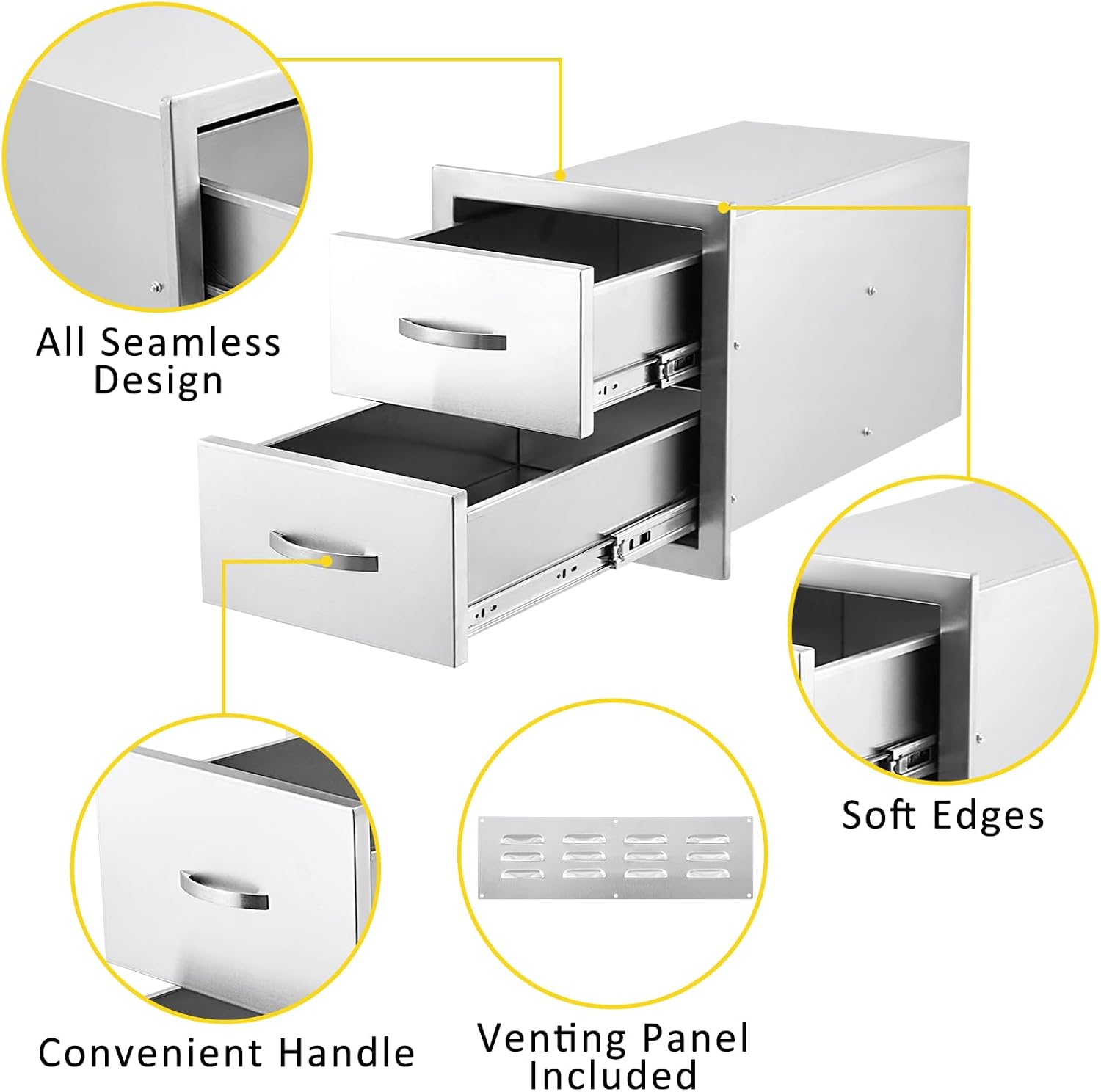 14W x 23D x 15H Inch Outdoor Kitchen Drawers Stainless Steel, Flush Mount Double Drawers with Stainless Steel Handle, Venting Panel Weatherproof for Kitchen Island Patio, Grill Station