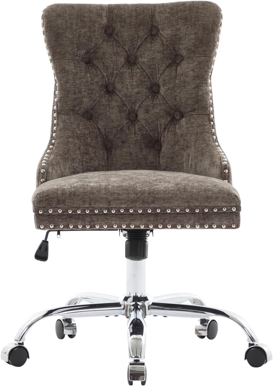 Home Office Chair with Wheels & Silver Base, Cute Chenille Fabric Makeup Vanity Chair with Tufted Back for Bedroom, Upholstered Adjustable Swivel Comfy Desk Chair for Girls Women, Grey