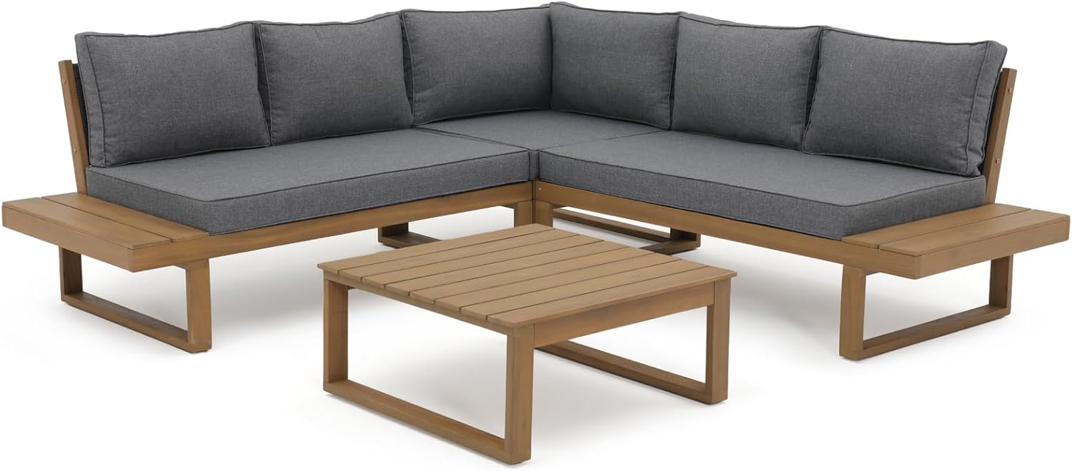 Soleil Jardin 4 Piece Acacia Wood Patio Furniture L-Shaped Outdoor Sectional Sofa Set with Coffee Table, FSC Certified Conversation Set with Built-in Side Table and Grey Cushions for Garden