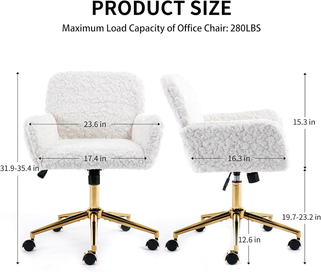 Shenyon White Desk Chair Faux Fur Vanity Chair, Comfortable Home Office Desk Chair with Wheels and Arms, Swivel Cute Office Chair Height Adjustable for Teens Girls Women Home Office, White