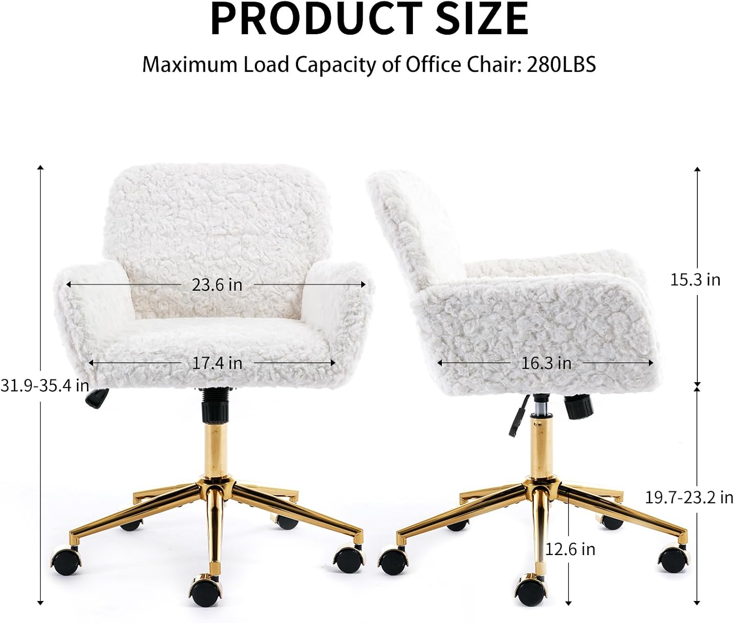 Shenyon White Desk Chair Faux Fur Vanity Chair, Comfortable Home Office Desk Chair with Wheels and Arms, Swivel Cute Office Chair Height Adjustable for Teens Girls Women Home Office, White