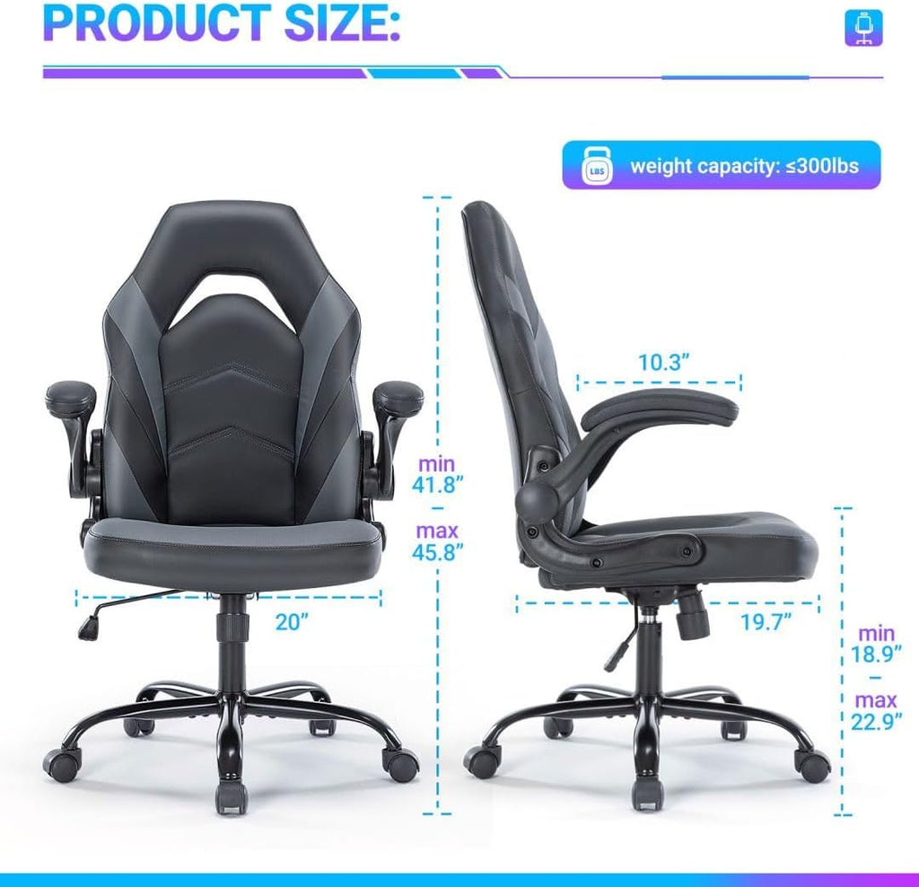 Heavy Duty Gaming Chair Ergonomic Gamer for Home Office with Lumbar Support, Adjustable Backrest, Flip-Up Armrest and Stable 360° Swivel Wheels for Adults, Professional Gamers and Teens, Black-Grey