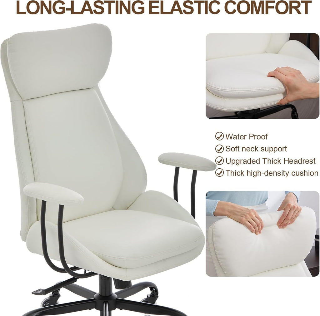 E-Motie Office Chair, Leather Desk Chair with Rubber Wheels, Ergonomic Computer Chair 500 LBS with Lumbar Support, High Back Executive Chair for Modern Home Office, White