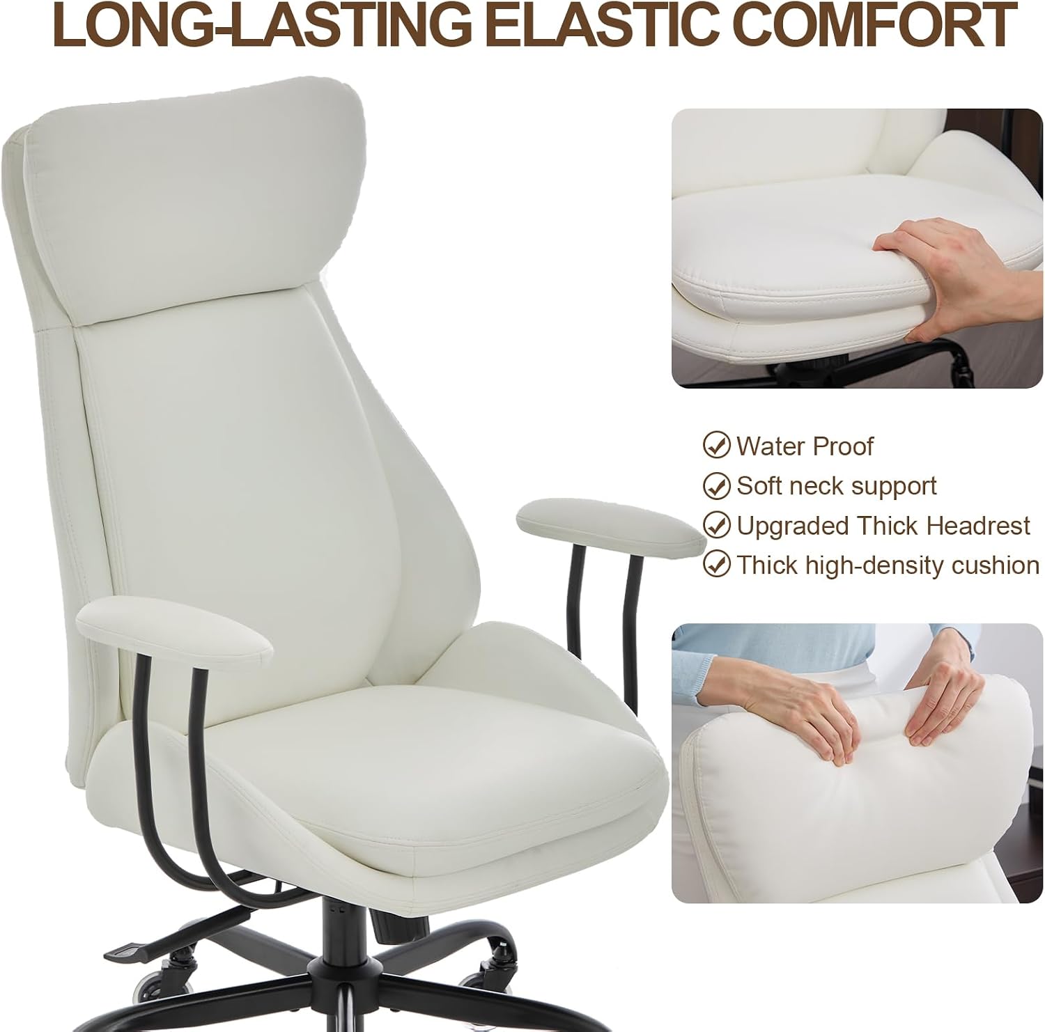 E-Motie Office Chair, Leather Desk Chair with Rubber Wheels, Ergonomic Computer Chair 500 LBS with Lumbar Support, High Back Executive Chair for Modern Home Office, White