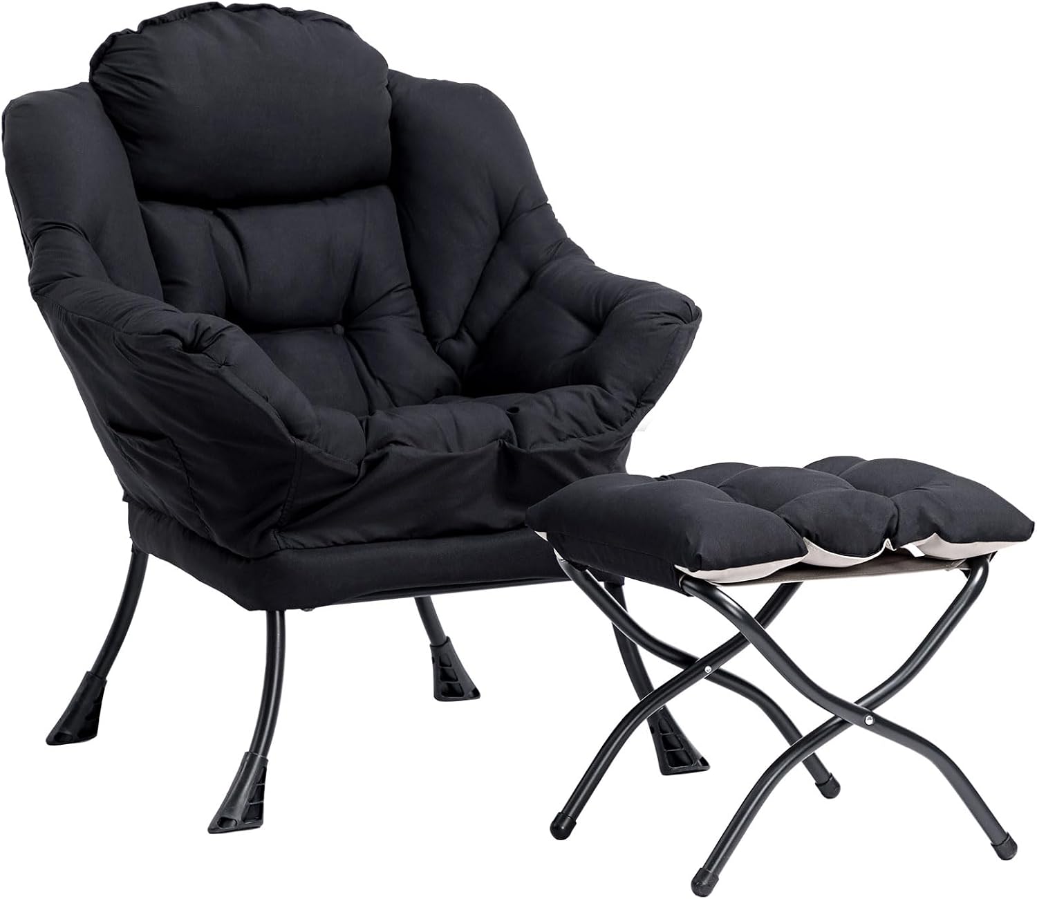 HollyHOME Lazy Chair with Foldable Ottoman, Accent Comfy Lounge Armchair and Folding Footrest Stool, Leisure Sofa Reading Chair and Footstool for Living Room, Bedroom, Dorm,Black