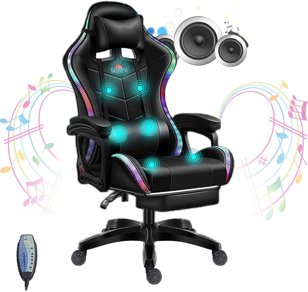 Gaming Chair with Speakers and LED Lights, Massage Computer Chair for Adults, Video Game Chair with Footrest and Lumbar Support, PU Leather Gamer Chair for Adults and Teens,Black