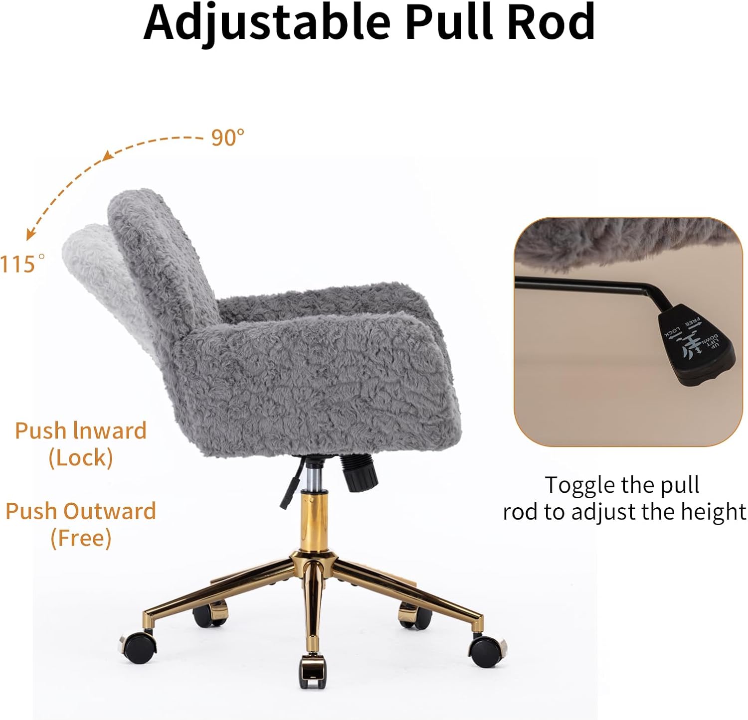 Faux Fur Makeup Vanity Chair, Comfy Fuzzy Home Office Desk Chair with Wheels & Gold Base, Upholstered Adjustable Swivel Office Chair for Teens Girls Women Home Office, Grey