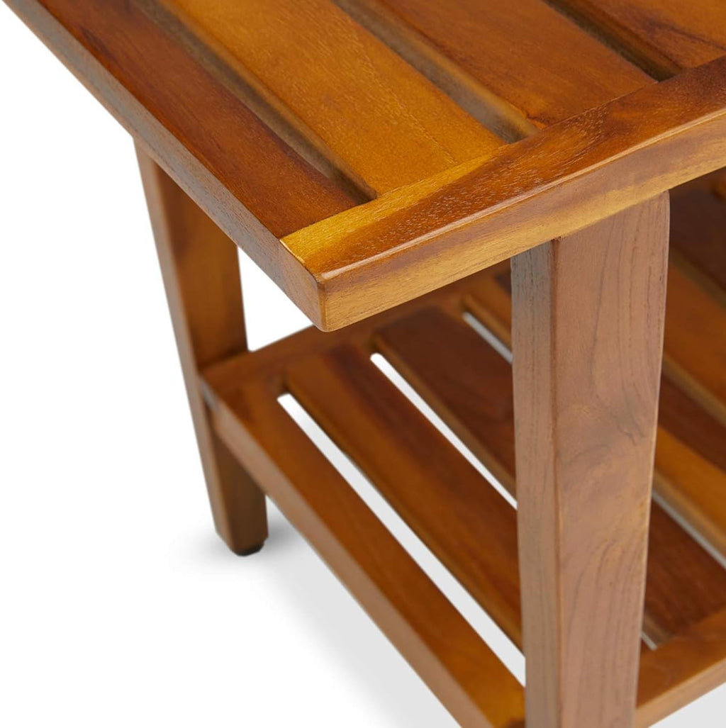 TeakCraft Teak Shower Bench with Shelf 30 inch Wood Spa & Shower Stool - Fully Assembled, The Liv