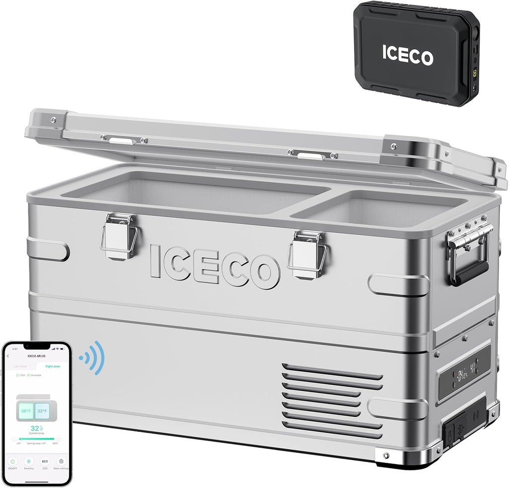 ICECO APL35 Portable Refrigerator Freezer, Dual Zone Car Fridge Equipped SECOP Nano Compressor, Aluminum 12V Portable Fridge Freezer, -4℉~68℉,12/24V DC, 37 Quart (APL35+Battery)