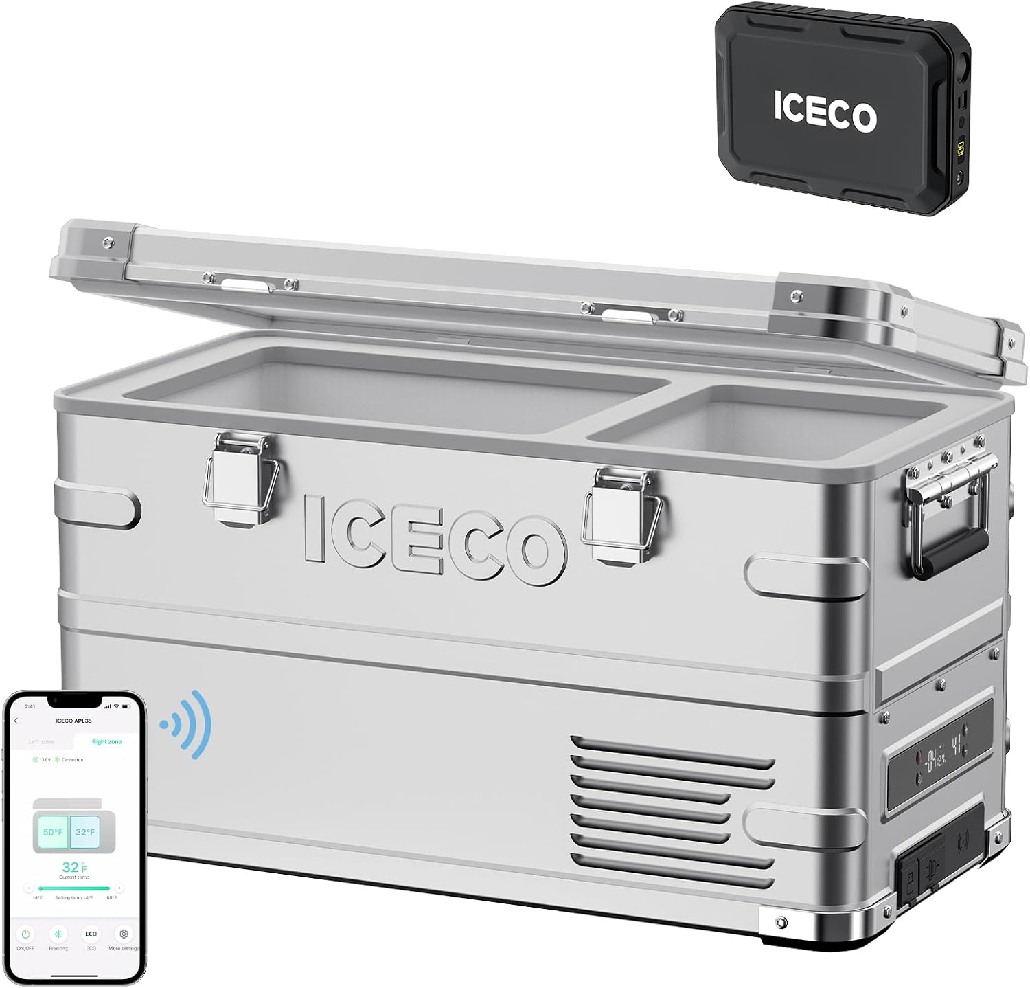 ICECO APL35 Portable Refrigerator Freezer, Dual Zone Car Fridge Equipped SECOP Nano Compressor, Aluminum 12V Portable Fridge Freezer, -4℉~68℉,12/24V DC, 37 Quart (APL35+Battery)