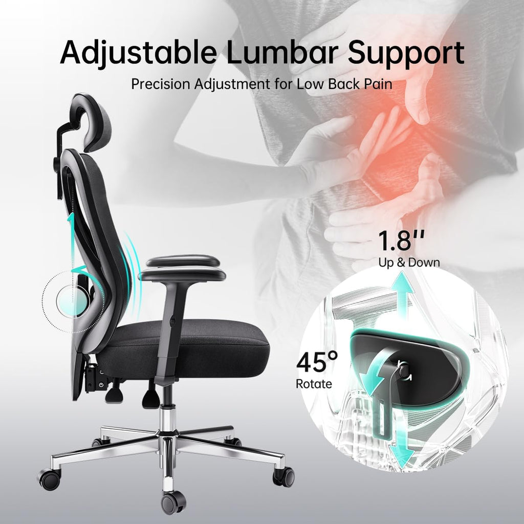 Hbada P3 Ergonnomic Office Chair with 2D Adjustable Lumbar Support, Office Chairs with Adjustable Headrest and Armrest, 145° Stepless Tilt Function, Black(No Footrest)