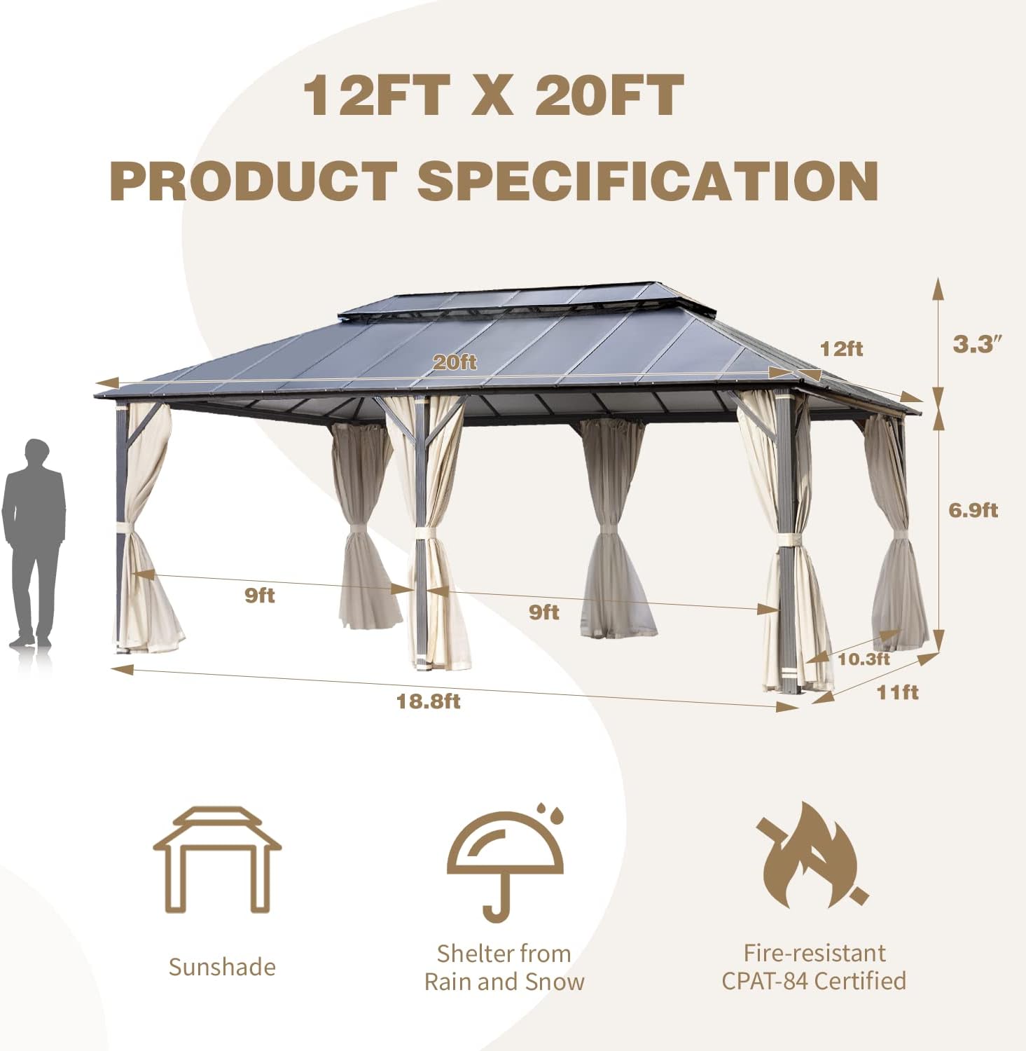 MELLCOM 12x20FT Hardtop Gazebo, Permanent Outdoor Aluminum Patio Gazebo with Aluminum Composite Double Roof for Patio Lawn and Garden, Curtains and Netting Included