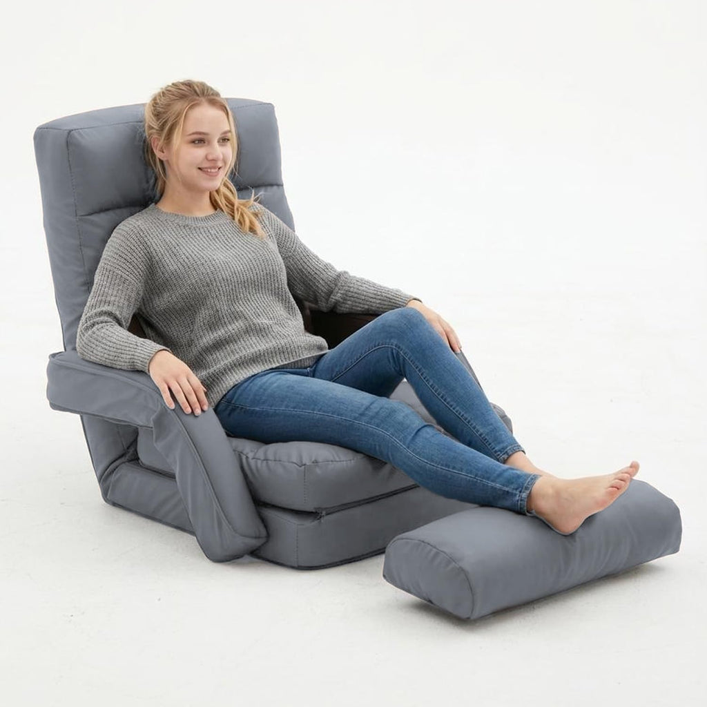 Floor Chair, Floor Gaming Chair with 14 Adjustable Position&Back Support, Folding Lounge Chair with Armrest for Adults, Lazy Sofa Lounger with Comfy Cushion for Living Room,Bedroom,PU,Grey