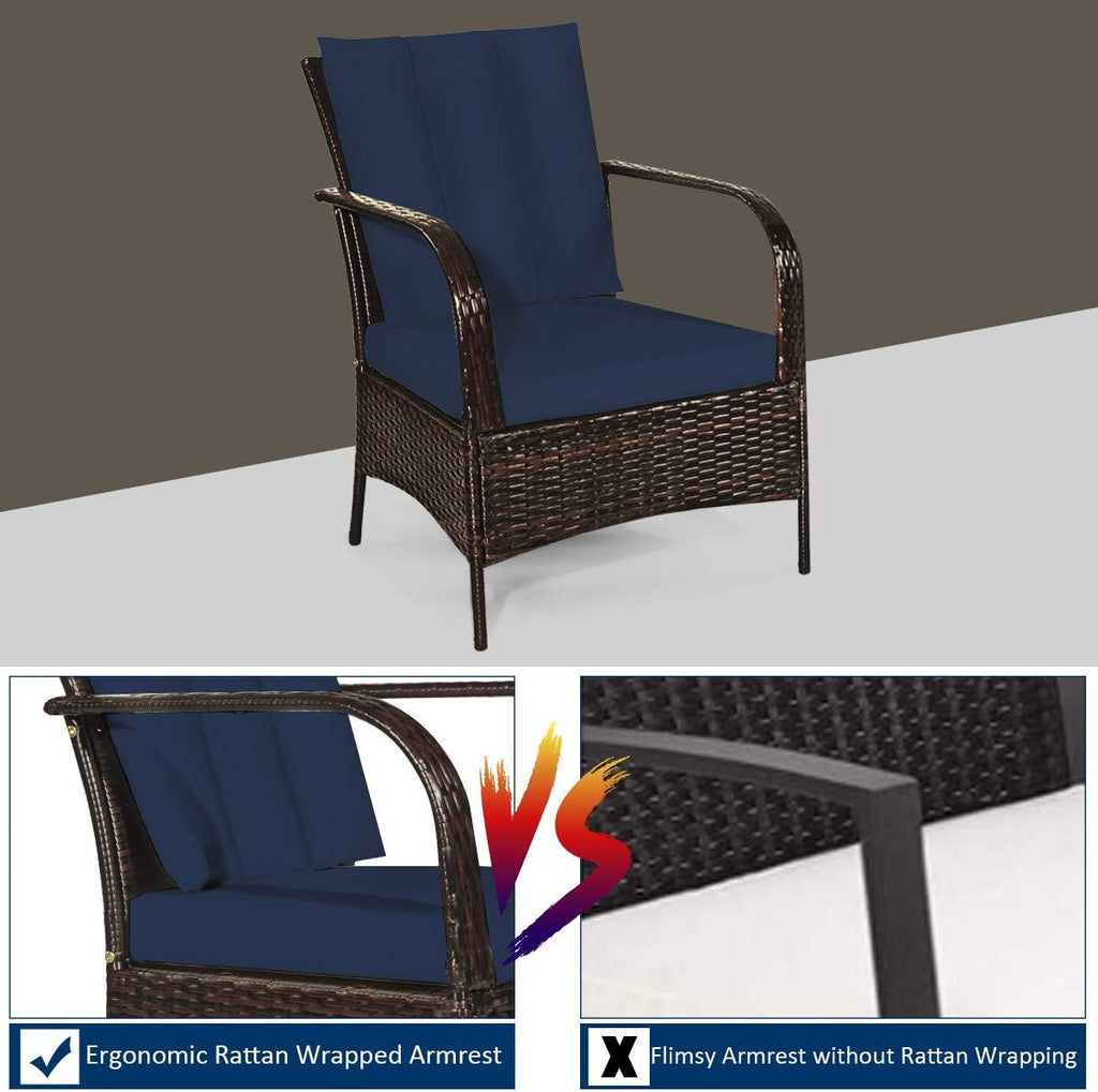 COSTWAY 3 Pieces Patio Rattan Furniture Set, Outdoor Conversation Chair Set with Coffee Table & 2 Cushions for Backyard, Porch, Poolside, Lawn, Garden, Navy
