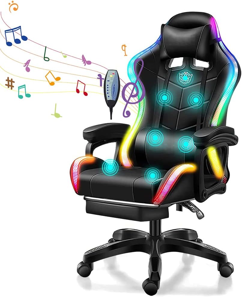 Gaming Chair with Bluetooth Speakers, Video Game Chairs with LED Light, Full Massage Lumbar Support and Backrest Adjustable Ergonomic Pro Computer Chair with Retractible Footrest,Black